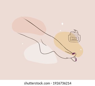 Female pedicured feet. Lady painting, polishing nails. Nail polish and nail file. Vector Illustration of elegant female feet in a trendy minimalist style. Beauty logo for nail studio or spa salon.