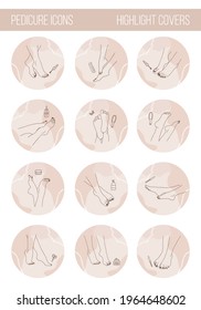 Pies de pedicura femenina. Un conjunto de portadas destacadas para los medios sociales. Concepto de cuidado de pies. Ilustración vectorial de las elegantes piernas femeninas en un estilo de lino de moda. Logo de belleza para estudio de uñas o salón de spa.