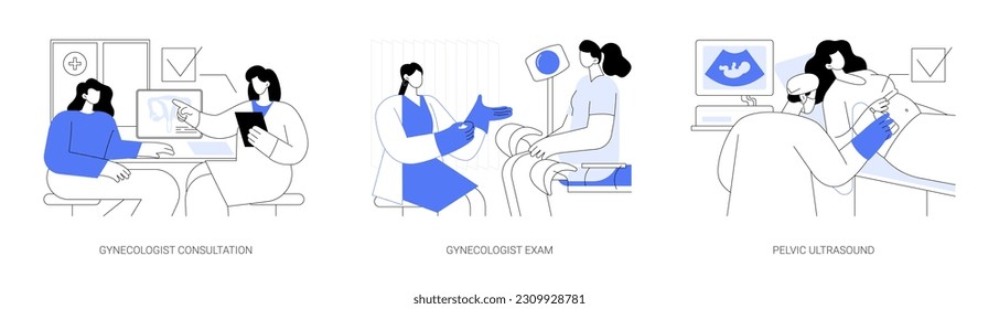 Female pelvic medicine abstract concept vector illustration set. Gynecologist consultation, female pelvic exam, ultrasound scan, endometriosis diagnosis, infertility treatment abstract metaphor.