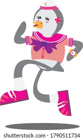 
a female penguin in a complete pink sailor outfit is very happy to run and can be seen from her cute smile