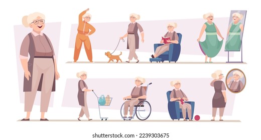 Female pensioner. Fashioned elderly woman grandma characters exact vector cartoon illustrations set