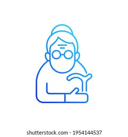 Female pensioner gradient linear vector icon. Senile woman. Old-old age. Aging process. Person aged 90-and-older. Thin line color symbols. Modern style pictogram. Vector isolated outline drawing