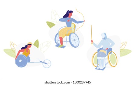 Female People with Disabilities Doing Sport Flat Cartoon Vector Illustration. Teenagers on Wheelchairs Doing Archery or Shooting. Handicapped Person Doing Fencing in Equipment. Riding.