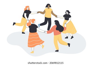 Female people holding each others hand and leading round dance. Different women going in circles together flat vector illustration. Friendship, female community, multicultural society concept