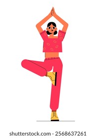Female Performing Yoga Pose In Flat Vector Illustration Symbolizing Physical Fitness, Balance, And Mindfulness, Isolated On White Background.