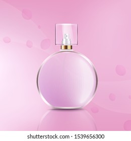 Female Perfume Pink Ad Design - Realistic Round Glass Bottle Mockup With Purple Tint Feminine Fragrance On Pink Background, Marketing Or Branding Template Vector Illustration