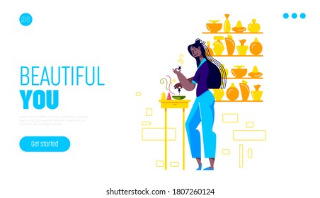 Female perfumer creating new fragrance, template landing page design with cartoon character mixing ingredients for new scent. Lady working at gorgeous aroma. Vector illustration