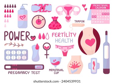 Female period calendar and hygiene elements. Gynecology and fertility, clock of woman health. Menstruation, decorative menstrual neoteric vector set