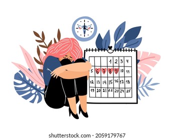 Female period days. Woman menustration calendar cartoon vector, feminine cramp fertile cycle hygiene periodical menstruation plan, fertility awareness time, menstrual periodic planning isolated image