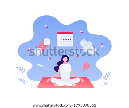 Female periods concept. Vector flat character illustration. Woman sitting in lotus meditation pose. Calendar, pads, pills symbol. Design for health care, business