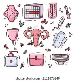 Female periods. Menstruation hygiene tools, period cup, sanitary pad, periods calendar. Female menstrual period protection vector illustration set. 