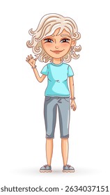 Female person in blue t-shirt shows hello gesture. Vector illustration.
