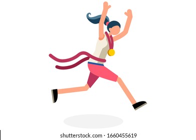 Female person celebrate summer games athletics medal. Sportive people celebrating track and field running team. Runner athlete symbol on victory celebration. Sports cartoon symbolic vector