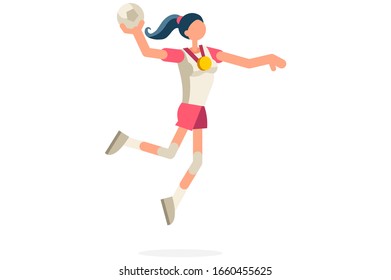 Female person celebrate summer games athletics medal. Sportive people celebrating handball team. Handball player athlete symbol on victory celebration. Sports cartoon symbolic flat vector illustration