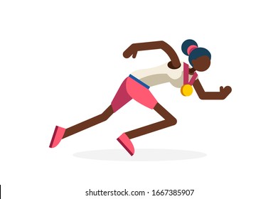 Female person celebrate summer games athletics medal. Sportive people celebrating track and field running team. Black runner athlete symbol victory celebration. Sports cartoon symbolic vector.