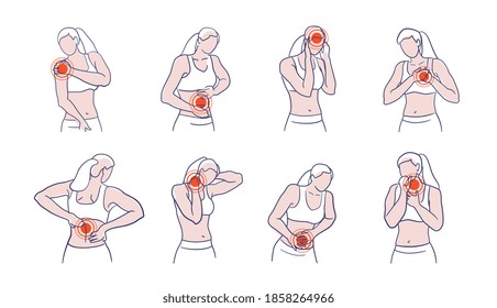 Female person character touching painful body part area set. Woman torso with red dot epicenter showing problem place with hurt, ache and pain vector illustration isolated on white background