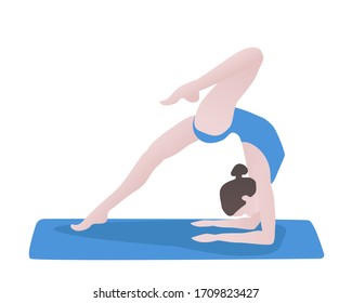 Female person doing yoga asan, dancing, running, jogging, jumping, fitness. Sport women vector flat illustration isolated on white background. International Yoga Day.