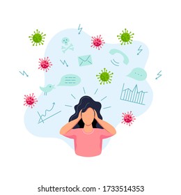 Female person get too much information. Mental health concept. Flat cartoon style design vector illustration.