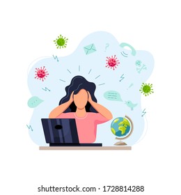 Female person gets too much information. Mental health concept.  Flat cartoon style design vector illustration.