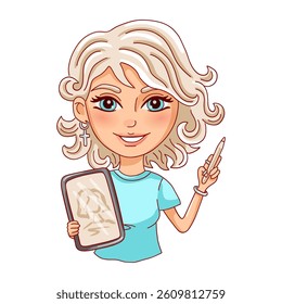 Female person with graphic tablet and pencil. Digital artist. Vector illustration. 