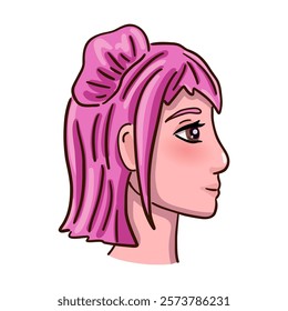 Female person head with pink hair. Vector illustration.