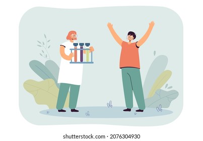 Female person holding test tubes. Women happy to achieve success in science or medicine flat vector illustration. Making chemical experiments concept for banner, website design or landing web page