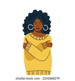 Female person is hugging herself. Love yourself concept. Embrace Equity is campaign theme of International Women's Day 2023. Vector illustration.