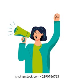 Female person with megaphone for voting, demonstration, presidential election, No War protest. Vector illustration.