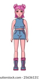 Female person with pink hair in t-shirt, shorts and boots isolated on white background. Vector illustration.