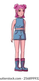 Female person with pink hair in t-shirt, shorts and boots isolated on white background. Vector illustration.