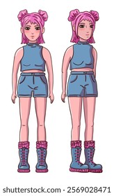 Female person with pink hair in t-shirt, shorts and boots in two poses on white background. Vector illustration.