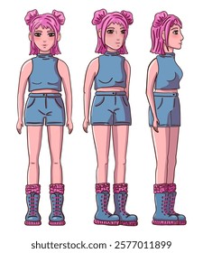 Female person with pink hair in t-shirt, shorts and boots in three poses on white background. Vector illustration.