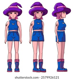 Female person with pink hair in t-shirt, shorts, boots and witch hat in three poses on white background. Modern witch. Vector illustration.