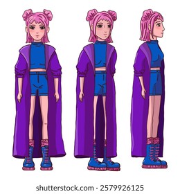 Female person with pink hair in t-shirt, shorts, boots and long jacket in three poses on white background. Vector illustration.