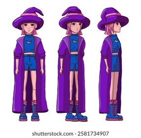 Female person with pink hair in witch's hat and cloak in three poses on white background. Modern witch. Vector illustration.