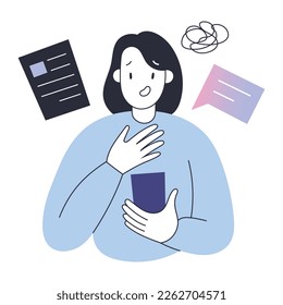 Female person reading bad news in social media feed, shocked and anxious face expression, putting her hand on her chest, concerned, doomscrolling concept, cartoon character, vector illustration