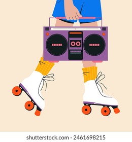 Female person rollerblading with a retro tape recorder. Vintage. Vector illustration.