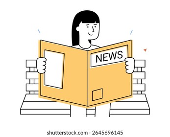 A female person sits on bench reading newspaper outdoors, representing casual leisure time and traditional information consumption in peaceful outdoor setting