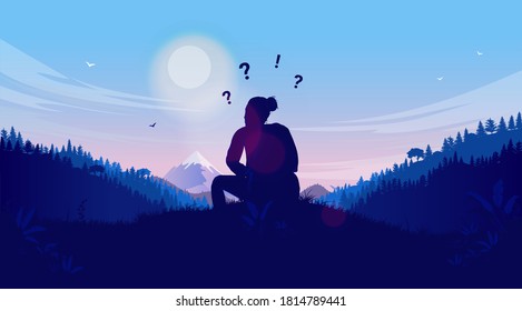 Female person sitting in nature thinking and wondering - Woman looking at landscape asking her self questions. Contemplating, meaning of life and loneliness concept. Vector illustration.