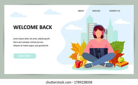 Female person is sitting on urban view background and working on laptop. Freelance, e-learning concept. Vector illustration. Autumn and fall season. Place for text. Flat cartoon style design. 