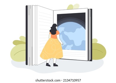 Female person standing in front of huge open book. Online library or business skills training flat vector illustration. Education, literature, global knowledge concept for banner, website design