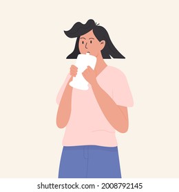 A Female Person Undergoing Medical GeNose C19 Rapid Test. Patient Exhale Into A Plastic Bag. Coronavirus Breathalyzer Device Analyze Breath Sample. Covid Medical Testing. Vector Illustration.