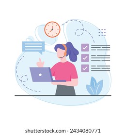 Persona femenina que utiliza la computadora portátil que denota el concepto de ilustración de trabajo remoto