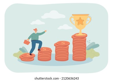 Female person using stacks of coins as stairs towards goal. Woman investing money, stock increase, financial success flat vector illustration. Finances, investment, retirement or pension concept