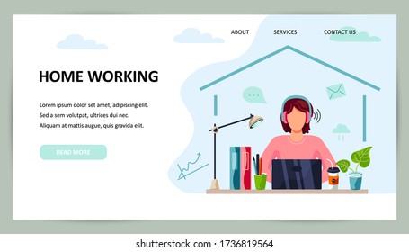 Female person is working on laptop at home. Freelance concept. Place for text. Flat cartoon style design. Vector illustration.