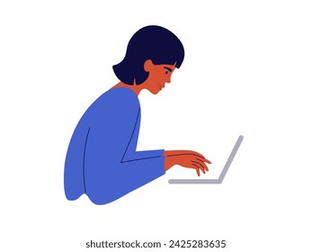 Persona femenina que trabaja usando la computadora portátil. Joven creadora, asistente de gerente de proyecto, bloguera, trabajadora de medios sociales. Ilustración vectorial de oficina en casa. Redes, tecnología, software, asistencia en línea