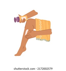 Female personage applying sunblock on leg, isolated woman with sun lotion creme with SPF. Protection from UV, moisturizer sunscreen. Flat cartoon character, vector illustration