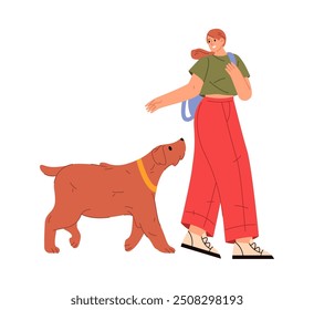 Female personage with backpack walking with dog. Vector isolated flat cartoon character, young girl personage strolling with pet. Owner and canine animal with collar going besides woman