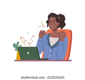 Female personage celebrating victory sitting by computer, woman received good news online. Vector happy message, achievement of goals and completion of tasks at work. Flat cartoon style character