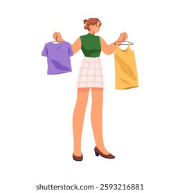 Female personage choosing clothing at store. Vector flat cartoon character, isolated girl holding tshirts. Everyday life and daily routine of girl, buying outfit for work or home wearing